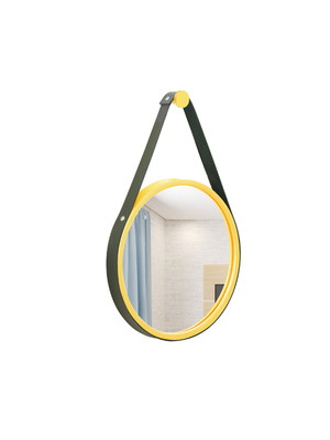 Espelho decorativo adnet amarelo alça corino preta 30cm
