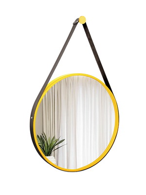 Espelho decorativo adnet amarelo alça corino preta 40cm