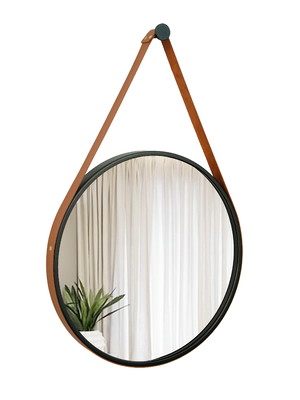 Espelho decorativo adnet preto alça corino caramelo 60cm