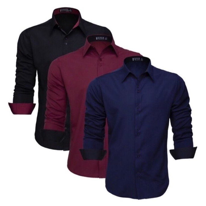Imagem 1 - Kit 3 Camisas Social Masculina Manga Longa Lisa Slim Blusa