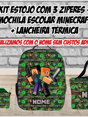 Kit escolar mochila lancheira estojo 3 zíperes minecraft #2