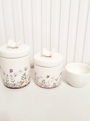 Kit higiene 3 peças jardim encantado floral branco borboleta