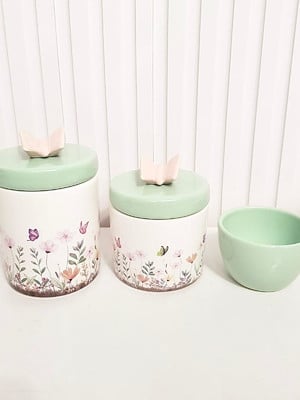 Kit higiene 3 peças jardim encantado verde e rosé borboleta