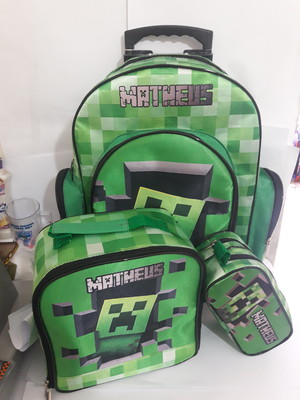 Kit mochila escolar com carrinho tamanho g minecraft creeper