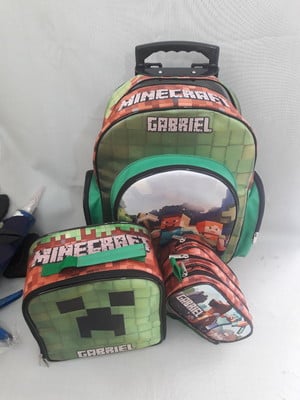 Kit mochila escolar com carrinho tamanho g minecraft