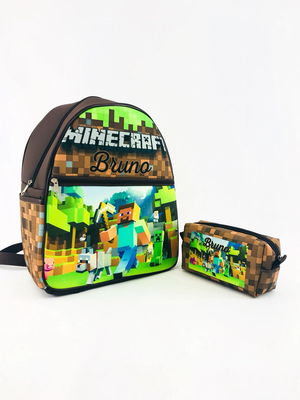 Mochila escolar personalizada c/ nome da criança minecraft
