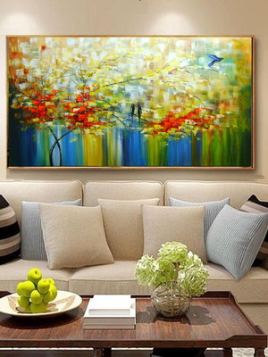Quadro decorativo pintado a mão arvore passarinhos 80x150