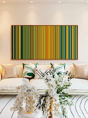 Quadro abstrato listras amarelo verde canvas moldura 150x100