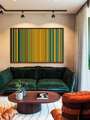 Quadro abstrato listras amarelo verde canvas moldura 90x60