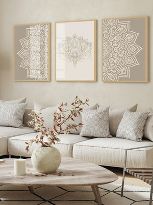 Quadro decorativo mandala tons bege moldura e vidro sala
