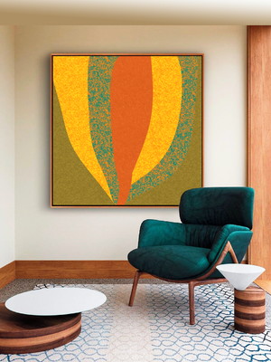 Quadro folhas abstratas amarelo verde canvas moldura 60x60