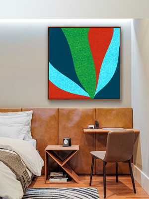 Quadro folhas abstratas azul verde canvas moldura 60x60
