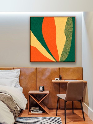 Quadro folhas abstratas laranja verde canvas moldura 60x60
