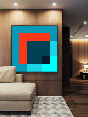 Quadro geométrico laranja azul arte canvas moldura 100x100