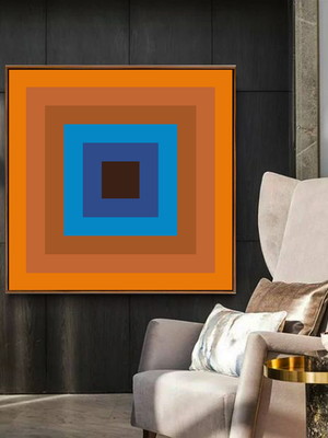 Quadro geométrico laranja azul arte canvas moldura 100x100
