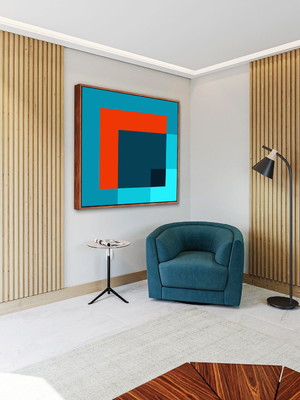 Quadro geométrico laranja azul arte canvas moldura 60x60