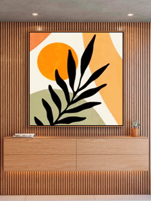 Quadro minimalista folhas amarelo canvas moldura 60x60